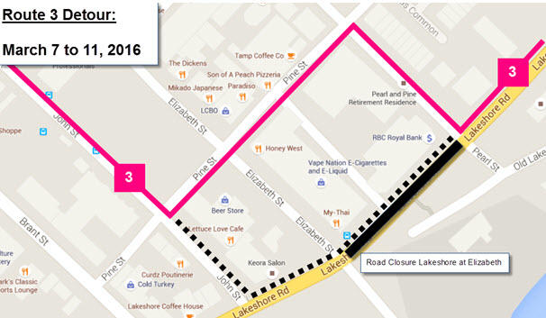 Lakeshore Road construction Burlington Transit detour, March 7 to 11